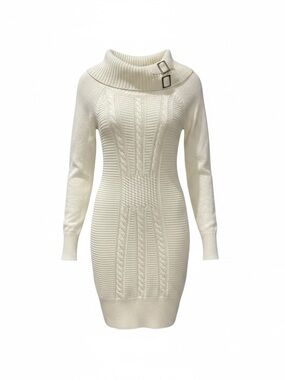 LE CHATEAU Women’s Cream Cable-Knit Sweater Dress with Buckle Collar XXS